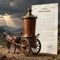 plans for a horse - drawn coffee mill in the style of thomas edison. patent filing. detailed. hd