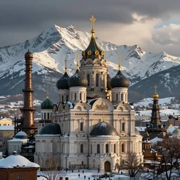 Roman legionaries in imperial Russia, snow capped mountains, industrial citadel black domes and spires