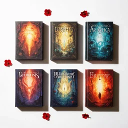 flatlay fantasy book collection, vivid colors, dramatic lighting, minimalist and clean, scattered red flowers