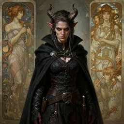portrait of a surly and resentful female tiefling street urchin thief with grit and small horns clothed in full dark clothing and a cloak, angry expression, by Greg Rutkowski and John Collier and Krenz Cushart and Artem Demura and Alphonse Mucha and Albert Aublet, as seen on ArtStation, 4k, dungeons and dragons, very aesthetic, very detailed, intricate, unreal, fantasy, dramatic, painterly, artstation, sharp focus, smooth