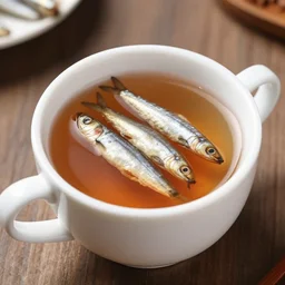 anchovies floating in a white porcelain cup of chai tea, 3 5 mm photo