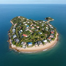 bird's eye view seascape of an island with many beautiful houses on beach, sea full of clear clean transparent blue water surround the island, rolling mountains looms in the distant ocean, seen from top of highest peak facing the island and the sea where the sun rising and shining