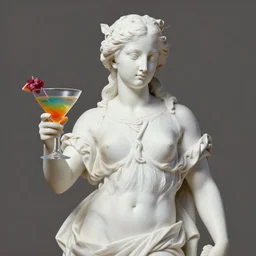 medium shot of white reneissance statue holding a coctail, colorful coctail, digital painting, 3 d render