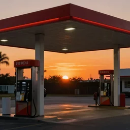miami gas station background by simon stalenhag, orange sunset, sharp focus, digital art, 4 k, octane, high contrast