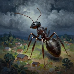 huge ant in a village at a cloudy night painting