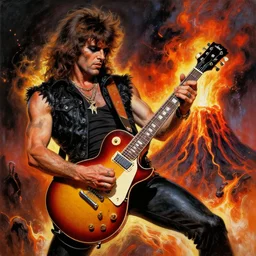 rodney dangerfield shredding on a gibson les paul, painting by frank frazetta, heavy metal artwork, bad motherfucker playing a face - melting solo while a volcano erupts, high intensity