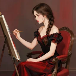 beautiful woman with braided brown hair, wearing an elegant dress, sitting in a chair, painting, red and black color palette, in the style of greg rutkowski, high quality anime artstyle