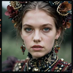 kodak portra 4 0 0, wetplate, photo, weird fashion, very beautiful model, portrait, expressive eyes, close up, in the nature, highly detailed face, extravagant dress, photographed by paolo roversi style and julia hetta