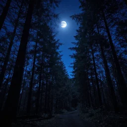 night forest, stars, moon, blue light, 8 k, realistic