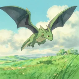 ghibli style wallpaper, dragons flying in the sky, green pastures, pastel colors, faded, water color, painting