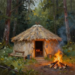 a beautiful painting of a round native american sweat lodge hut in a forest near a campfire, matte painting, trending on artstation, art by christophe vacher
