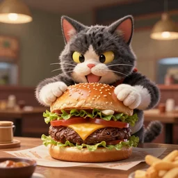 hyperrealistic hyper detailed graphic novel choonky catman crushing burgers concept art james paick syd mead sharp cinematic lighting 8k wide angle shallow depth of field