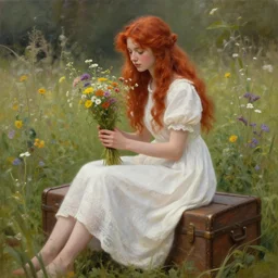 a beautiful intricate oil paint of red haired girl in white dress sitting on wooden trunk in a garden, holding a bunch of wild flowers, highly detailed, digital painting, artstation, concept art, matte, sharp focus, 3 d, octane render, well rendered, art by artgerm, by greg rutkowski, by alphonse mucha