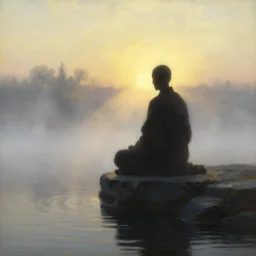 isaac levitan painted style a lonely silhouette of a meditating monk sitting in the fog on a stone protruding from the water in the rays of the morning sun
