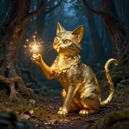 metallic gold cat creating magic in the gnarly forest at night by tom bagshaw, mucha, karl kopinski, trending on artstation, 8k, denoised, crisp, hd