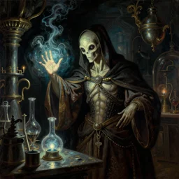 alien wizard conjuring glowing magic in a dark laboratory. pulp sci - fi art for omni magazine. baroque period, oil on canvas. renaissance masterpiece.