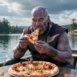 a very high resolution image from a new movie. thanos eating pizza on a lake, photorealistic, photography, directed by wes anderson