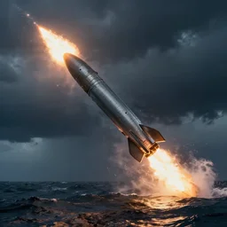 air ragt destroyer firing intercontinental rocket Ina ocean storm, dramatic lighting, cinematic, establishing shot, extremly high detail, foto realistic, cinematic lighting, post processed, concept art, artstation, matte painting, style by eddie mendoza, raphael lacoste, alex ross