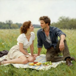 attractive bradley james and attractive colin morgan go together to a meadow to have a picnic. highly detailed painting by gaston bussiere, craig mullins, j. c. leyendecker 8 k