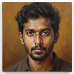 an award winning portrait of blessin varkey by mark arian, oil on canvas, masterpiece, realism, piercing gaze, autumn bokeh