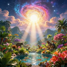 the glory of god, brilliant sunlight, colorful constellations, bright endless clouds, thriving ecosystem, healthy plants and majestic animals, tropical blooming flowers, mountains, koi ponds, god rays, light rays, cinematic lighting, cinematic composition, rule of thirds, ultra detailed, hyperealistic, volumetric light, ultra photoreal, render un unreal engine 5, 3 5 mm, matte painting, movie concept art, corona render, octane render, colorful redshift render, 8 k