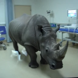 a rhinoceros in a hospital, by mini dv camera, very very low quality, heavy grain, very blurry, accidental flash, webcam footage, found footage, security cam, caught on trail cam