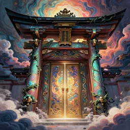 infinite majestic shinto shrine portal dark gate magic door pyromancer mage : : 1 full of colorpalette rippled layers, clouds, vines, swirls, curves, ultra fine detail, swirling clouds, artstation trending, art nouveau, raytracing,