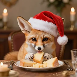 fennec fox wearing a santa hat. they are sat at a fancy table eating cheese from a plate