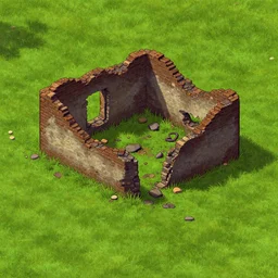 destroyed ruins of a small structure in a near empty grassy field from a 9 0 s sierra entertainment point and click 2 d graphic adventure game, art inspired by thomas kinkade