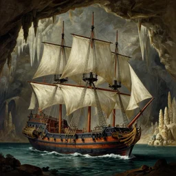 a broken 15th century three mast ship Manowar in the foreground, in a cave with stalagmites and stalagtites. Matte painting in the style of Marc simonetti and Christophe vacher and Hubert Robert, detailed, complementary colors trending on artstation.