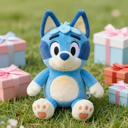 blue'snappy gifts'plush doll, on grass, gifts, happy atmosphere, high detail, soft lighting, 8 k
