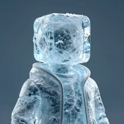 human made of ice with cubic head, wearing a jacket. digital art, solid background