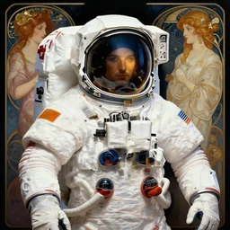 A full portrait of a 2001 Space Odyssey Astronaut, intricate, elegant, highly detailed, digital painting, artstation, concept art, smooth, sharp focus, illustration, art by Krenz Cushart and Artem Demura and alphonse mucha