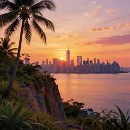 gorgeous romantic sunset, cliffside onlooking the beautiful city of new york, warm colors, tropical, in the style of hiroshi nagai, very detailed, tropical, 8 0 s