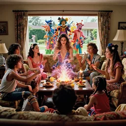 movie still by alejandro jodorowsky of a beautiful day in a multicultural family living room in a suburban gucci neighborhood, family is acting out a play together, visible magic energy, dream high fashion creature costumes, festival parade float, cinestill 8 0 0 t eastmancolor technicolor, high quality, very detailed, heavy grain, fine facial features, 8 k, octane render