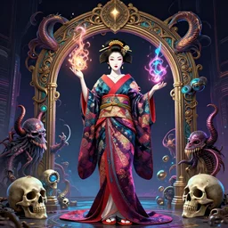 japanese geisha, wicca, ornate arch, energy, cthulhu, kraken, skulls, futurepunk, glamour pose, moebius, gta v, dan mumford, mucha, nagel, tarot card, d & d, neon art deco, black paper, vibrant, greg rutkowski,