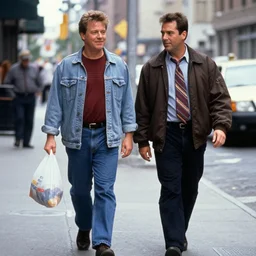 Chris Farley and David Spade walking down a city street holding a plastic bag, 35mm film still from 1994