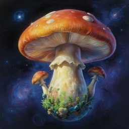 gouache matte painting!!! earth shaped like a mushroom in cosmos, cinematic angle, studio ghibli, makoto shinkai, pixar painting, cinematic lighting, detailed gouache painting, hyperrealistic, 8 k