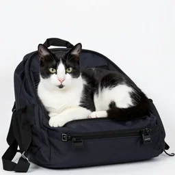 photo of black and white cat laying on backpack
