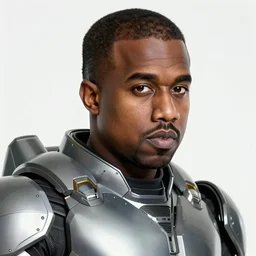 professional head shot of kanye west wearing advanced power armor, white background, 8 k, very detailed, very intricate,