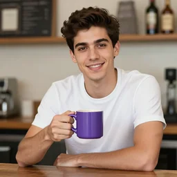portrait of a ( ( ( una taza de cafe grande y morada ) ) ), ( ( guapo joven caliente espanol barista con camisa abierta ) ), nubes y magia, el sol, concept character, by greg rutowski and tezuka and oi and mucha and bierstadt and remington, trending on artstation