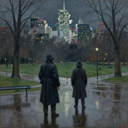 a painting of a park at night by leonid afremov and william degouve de nuncques, rain puddles, a glitched dystopian city in the background, in foreground two plague doctors, subdued colors