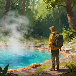 an adventurer finding a colorful hotspring deep in the forest, featured on artstation