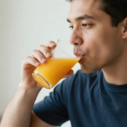 a man drinking orange juice while drinking milk