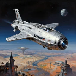A highly detailed Sci-Fi concept art matte  painting set in space  by Fred Gambino  of a silver space craft flying over an alien landscape and outposts  , trending on Artstation ,HD 4K , 70s retro sci-fi