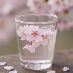 photo of sakura cherry blossom water in a clear glass, beautiful, high detail, recipe, cinematic
