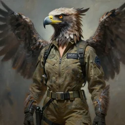 epic professional digital art of female human - eagle hybrid animal wearing air force jumpsuit, humanoid feathered head, eagle beak, painting, by lisa roet, iris van herpen, leesha hannigan, artstation, cgsocietywlop, epic, much wow, much detail, gorgeous, detailed, cinematic, masterpiece