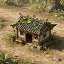 an concept art illustration, close up shot, a very small empty asian hut shack biome, undergrowth store alone in the middle of a dirt road, style by dylan cole and feng zhu and wlop, unreal engine, trending in artstation, octane render, ultra sharp, 8 k