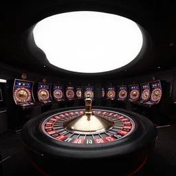minimalistic extreme wide angle curved perspective digital art of alien shaped indoor casino with roulettes in the roof, by anton fadeev from nightmare before christmas