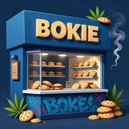 matte painting of cookies store, berner, weed, graffiti, hard edges, geometric 3 d shapes, deep blue, og, street art, asymmetrical, marijuana, smoke, highly detailed masterpiece by sachin teng x supreme